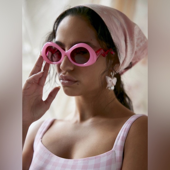 Urban Outfitters Birdie Wavy Round Sunglasses Pink Green - Picture 3 of 4